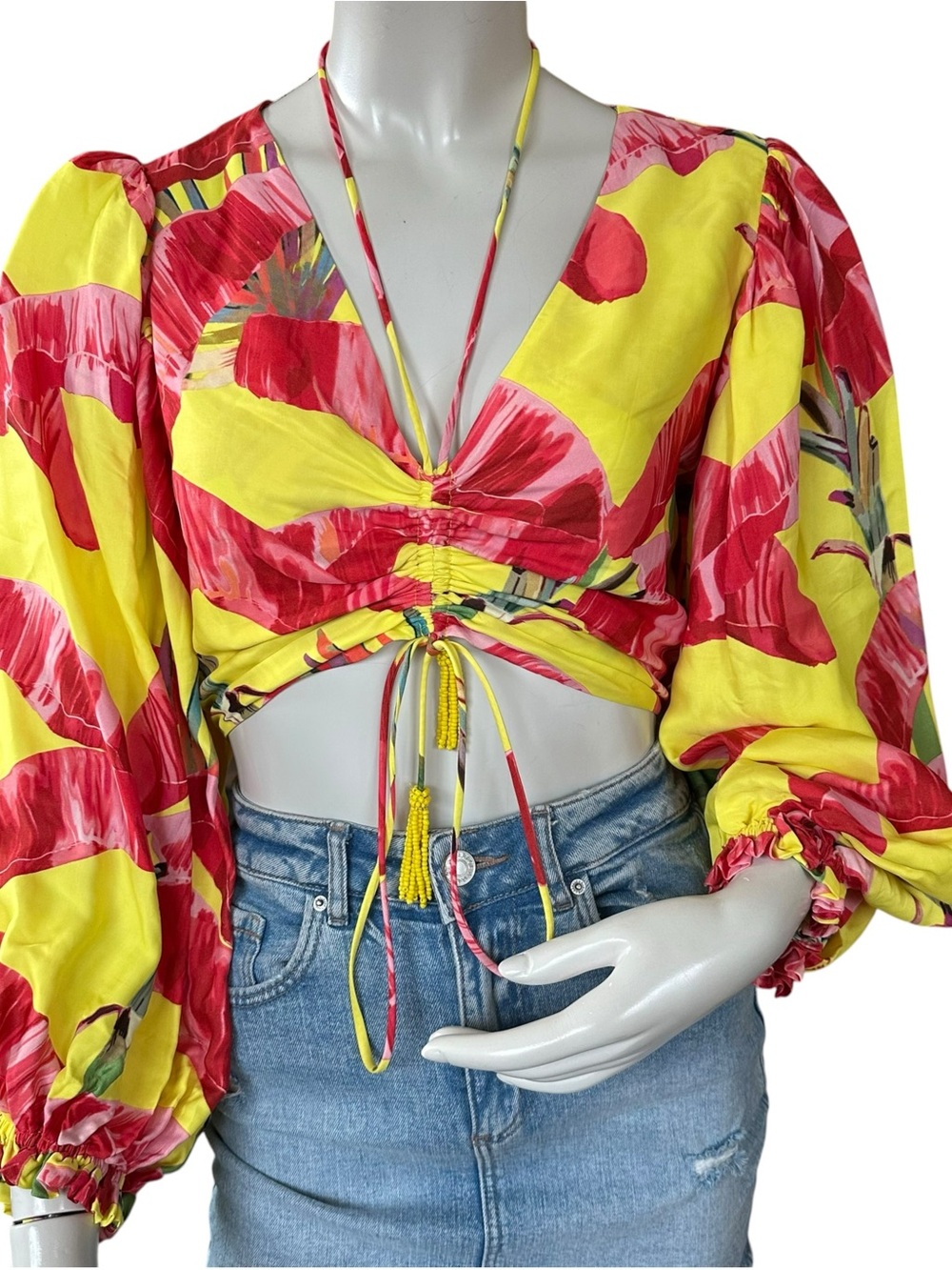 Farm Rio Yellow Floral Tropical Print Sweet Jungle Puff Long Sleeve Crop Top Med - Picture 4 of 9